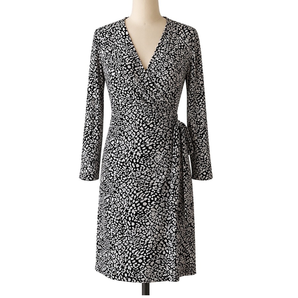 Banana Republic Women Black White‎ Animal Print Wrap Dress Long Sleeve Petite L